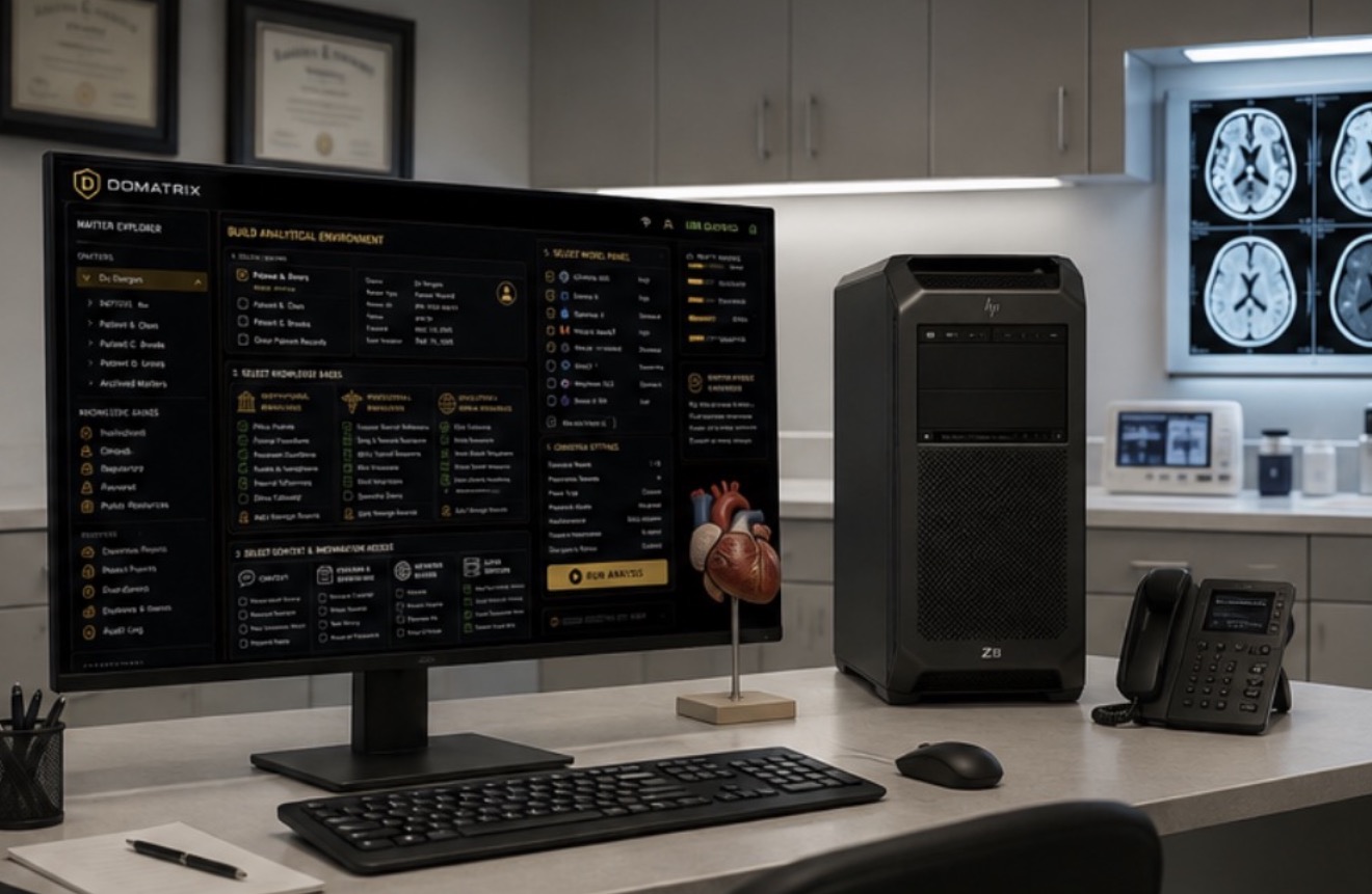 DOMATRIX desktop workstation with local intelligence interface and professional computer hardware