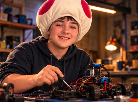 A student building and wiring a small electronics and robotics project at a workbench