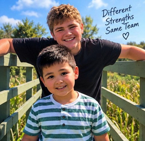 Two brothers on a footbridge on a bright day, captioned different strengths, same team