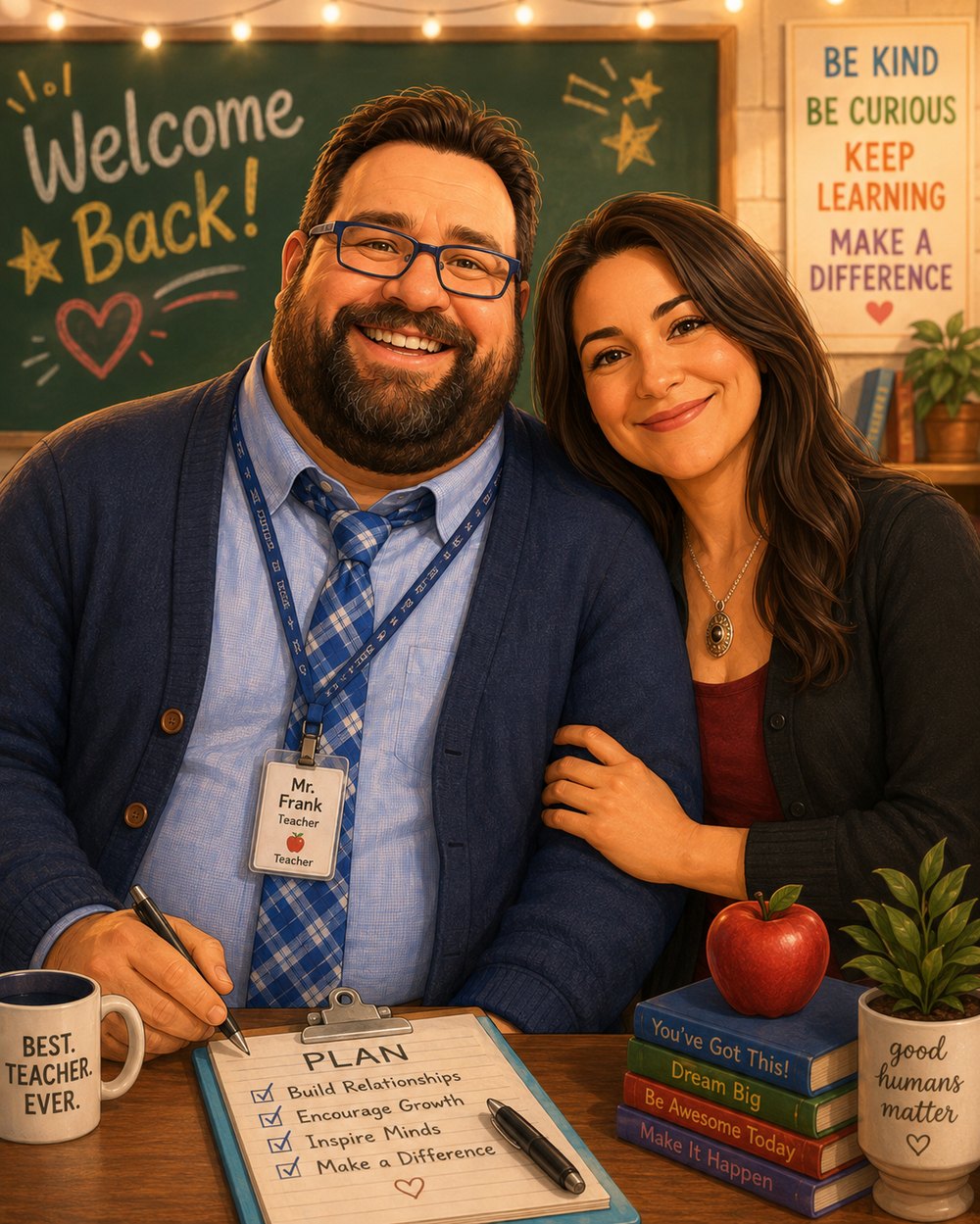 A teacher at a classroom desk in front of a Welcome Back chalkboard, with a clipboard reading PLAN: build relationships, encourage growth, inspire minds, make a difference
