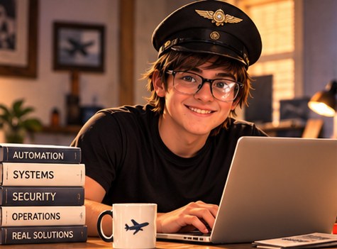 A student at a laptop beside a stack of books labeled automation, systems, security, operations, and real solutions