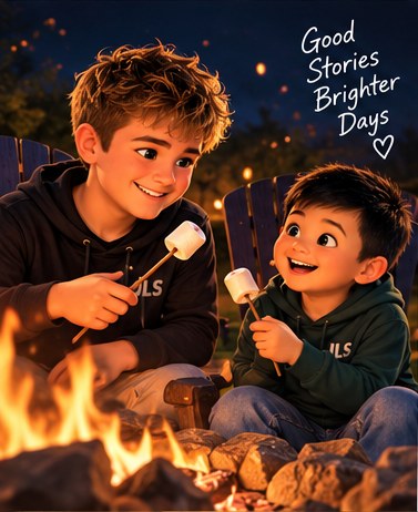 Two boys roasting marshmallows at a fire in JLS hoodies, captioned good stories, brighter days
