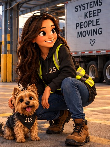 Jamie Lynn crouched beside the shop dog at a loading dock, in front of a trailer marked systems keep people moving