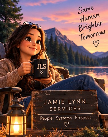Jamie Lynn at a lake at sunset with a JLS mug, beside a wooden sign reading Jamie Lynn Services: people, systems, progress
