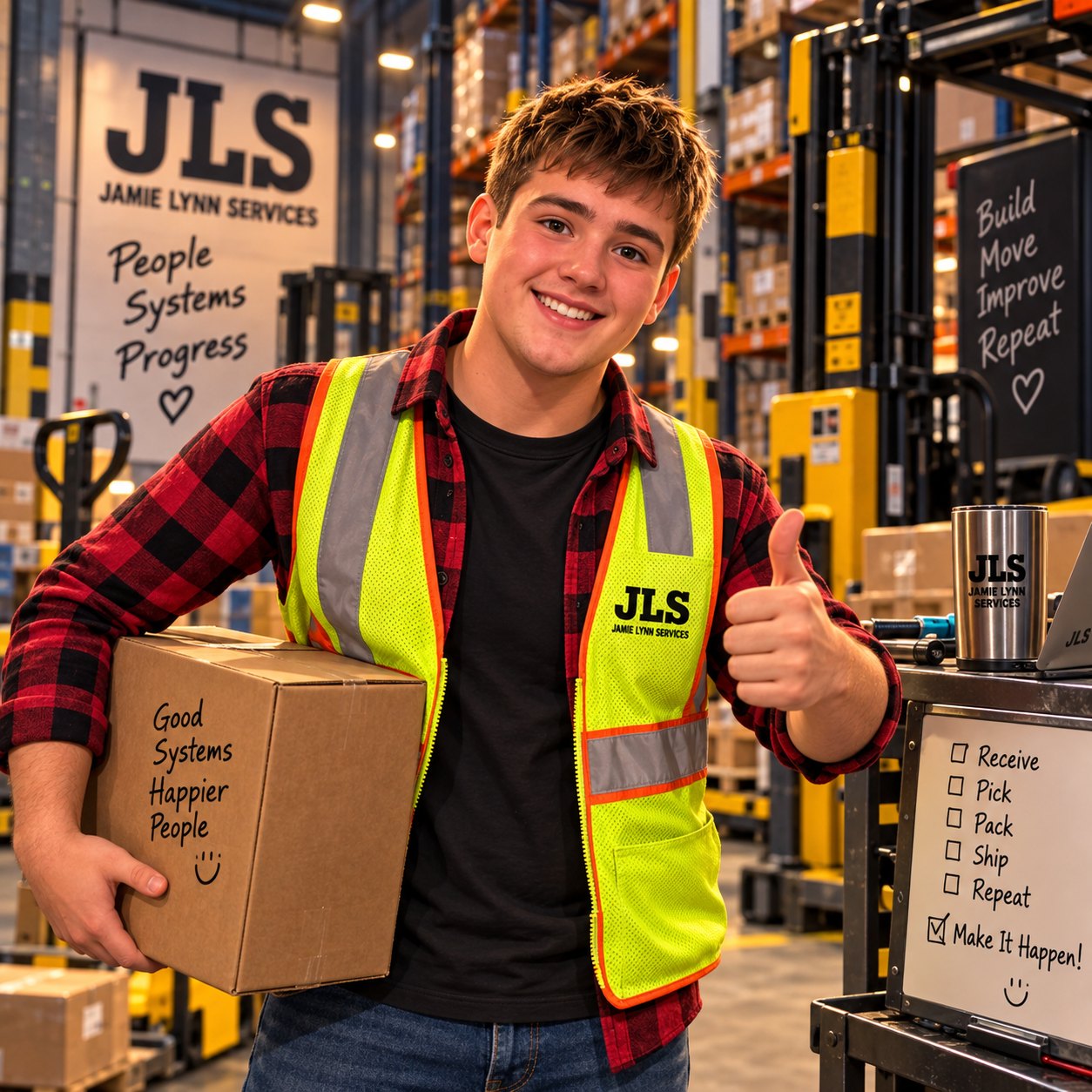 A team member carrying a box marked good systems, happier people, beside a board reading receive, pick, pack, ship, repeat, make it happen, with wall signs reading people, systems, progress and build, move, improve, repeat