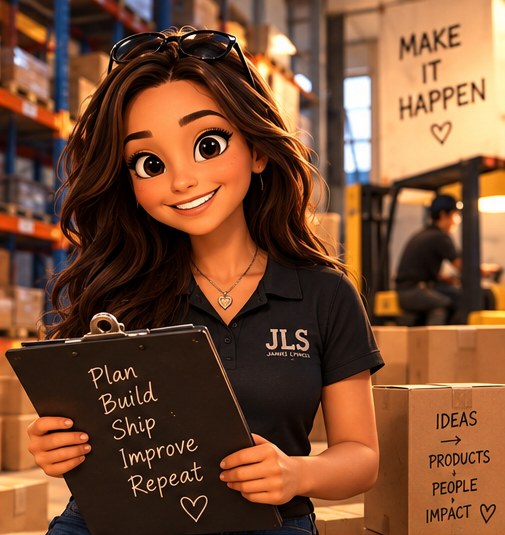 Jamie Lynn holding a clipboard reading plan, build, ship, improve, repeat, beside a box marked ideas to products to people to impact and a wall sign reading make it happen