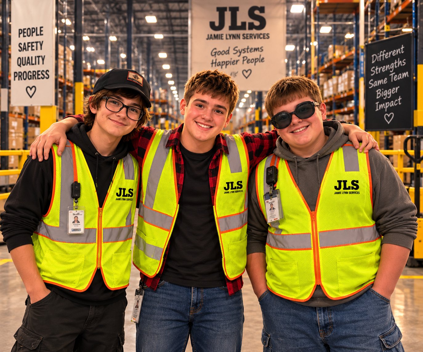 Three team members in high-visibility vests on a warehouse floor beneath signs reading people, safety, quality, progress; good systems, happier people; and different strengths, same team, bigger impact