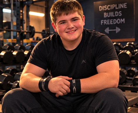 Coby seated in a gym in front of a sign reading discipline builds freedom