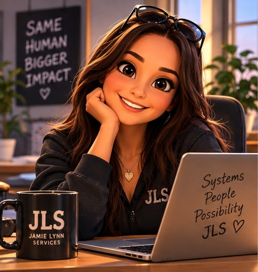 Jamie Lynn at a desk beside a chalkboard reading same human, bigger impact, with a laptop marked systems, people, possibility