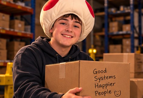 A team member carrying a box marked good systems, happier people in a warehouse aisle