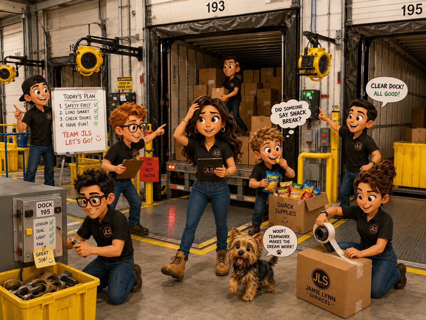 The Jamie Lynn Services team working a loading dock: a plan board reading safety first, load smart, check doors, have fun; a dock checklist being verified; a trailer being loaded; and the team calling a clear dock