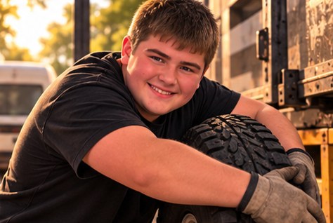 A team member in work gloves beside a truck tire in a yard at golden hour