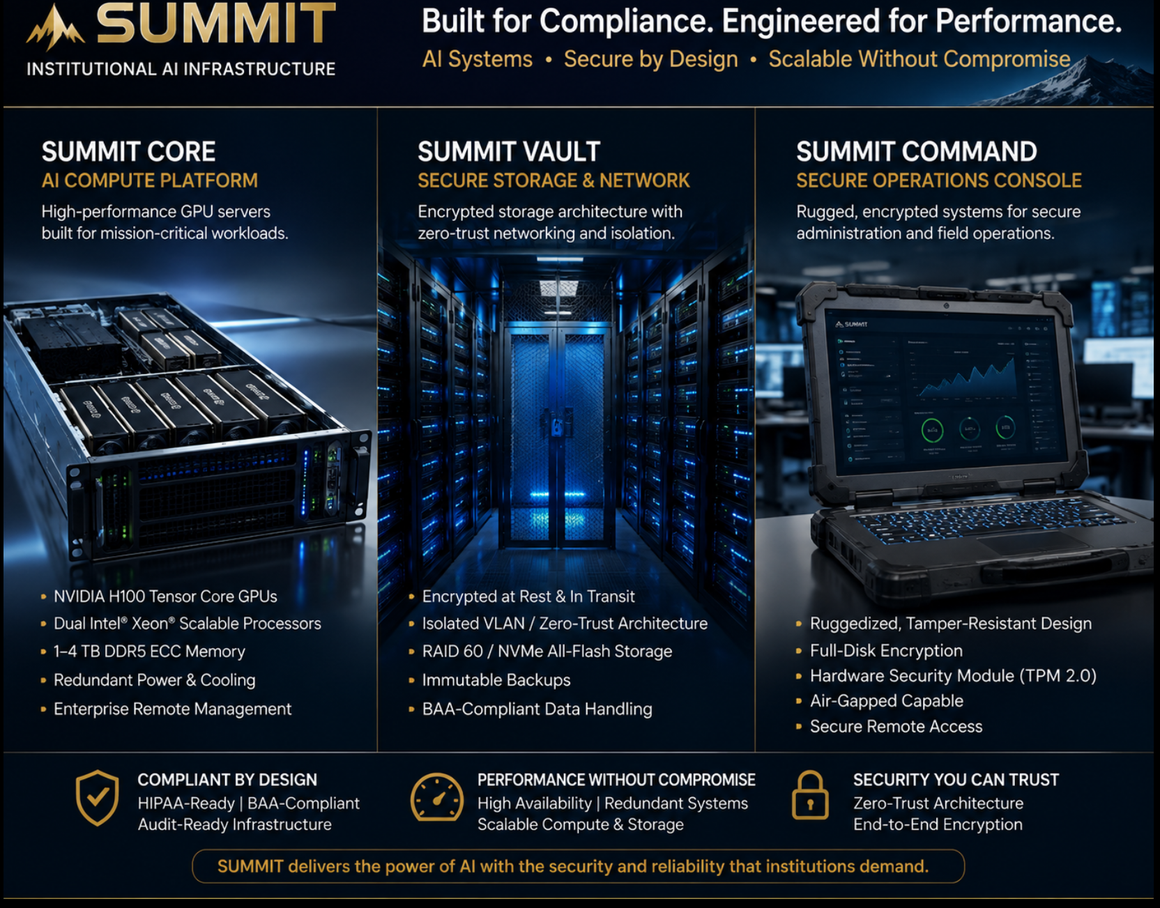 Summit architecture visual showing compute, secure storage, and operations console concepts